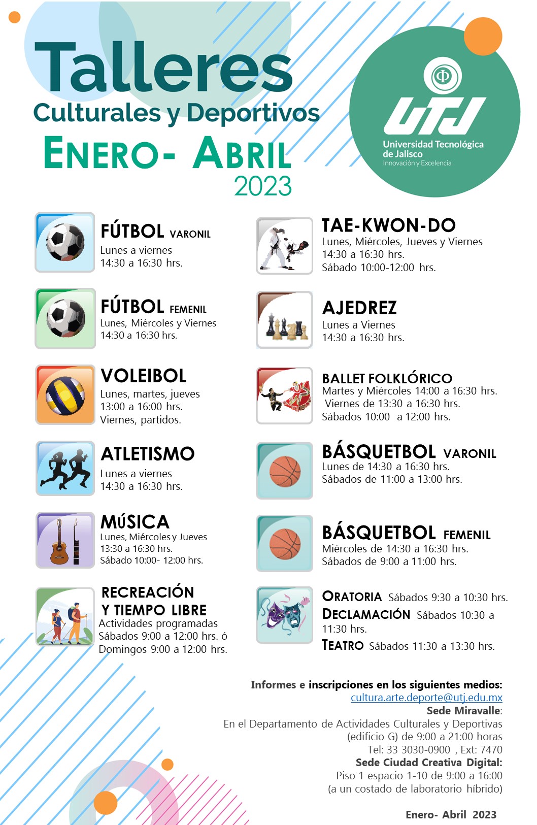 Horarios de los talleres culturales y deportivos del cuatrimestre enero -  abril 2023