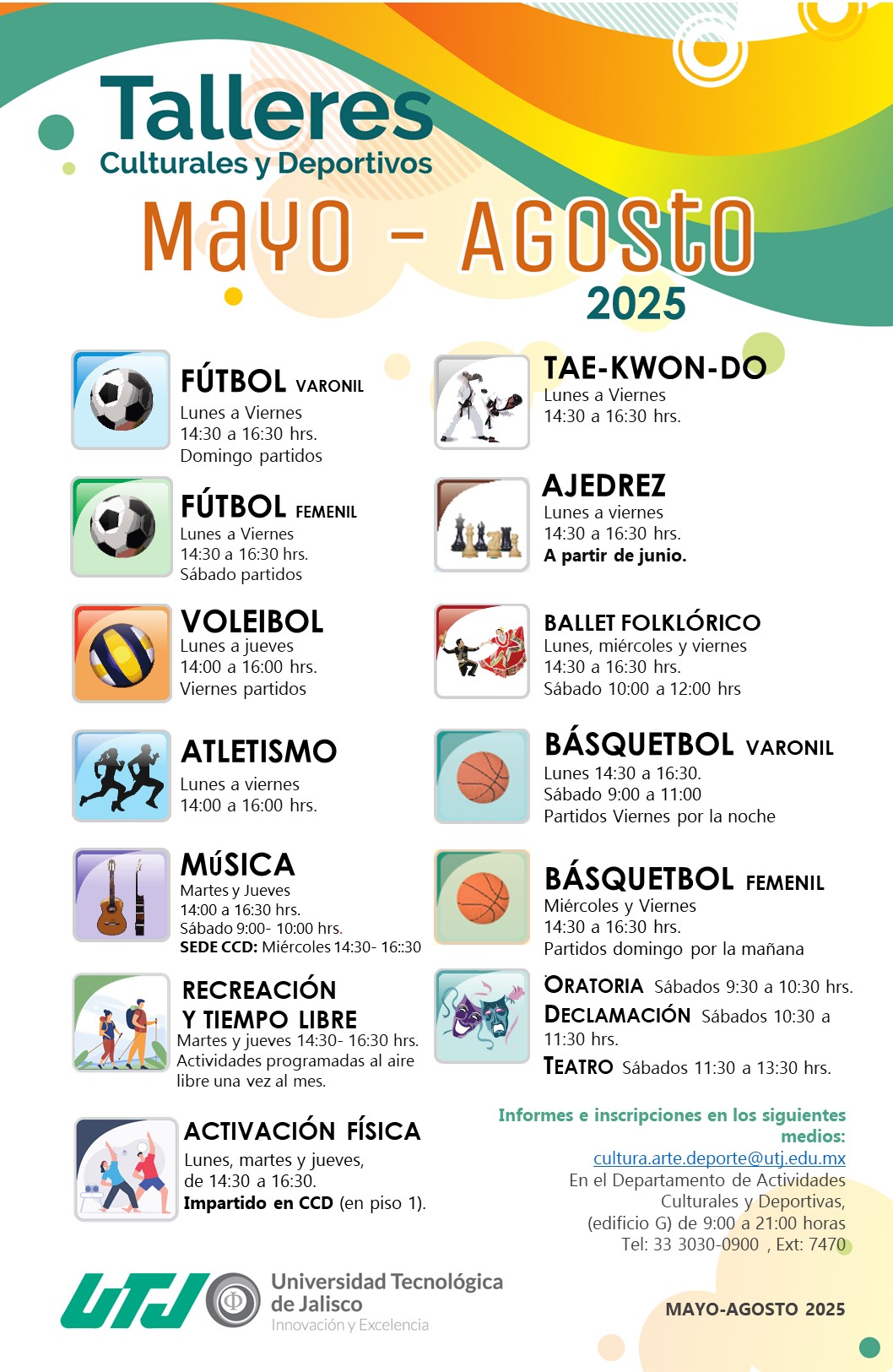 Información de los días que se imparten los talleres culturales y deportivos gratuitos para toda la comunidad estudiantil.