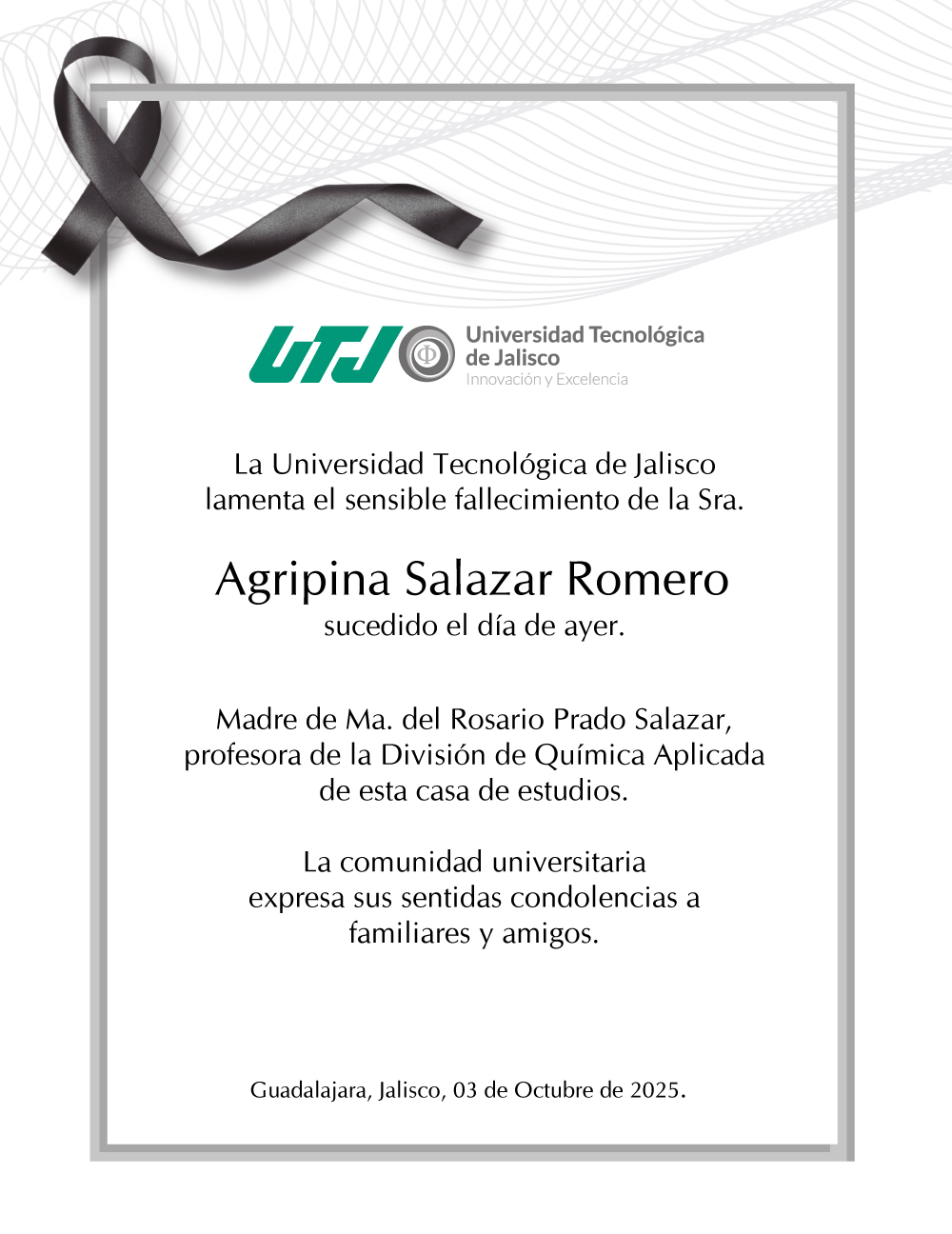 Esquela de la Sra. Agripina Salazar Romero.