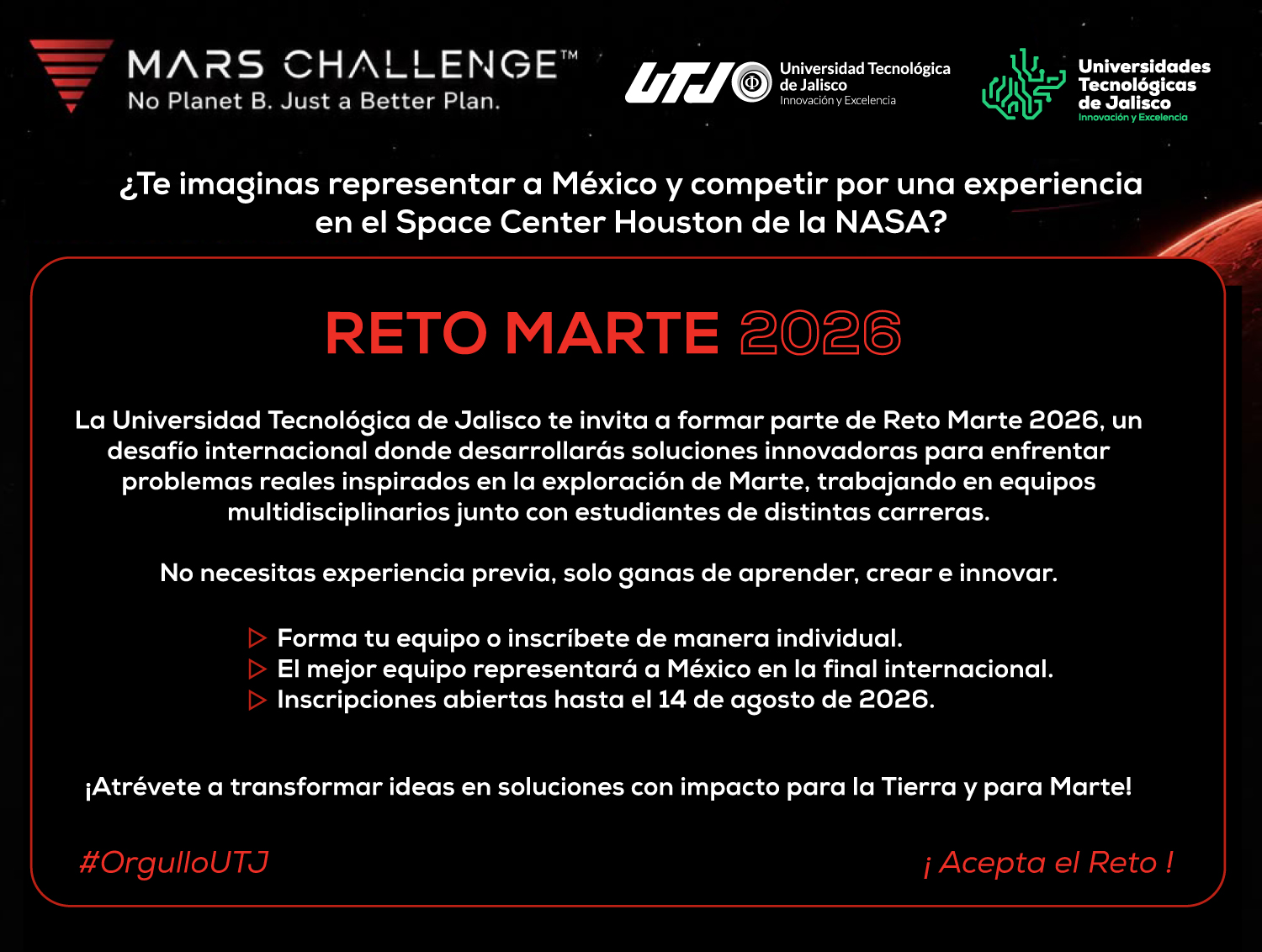 Convocatoria del RETO MARTE 2026, dirigido a estudiantes de la Universidad Tecnológica de Jalisco.